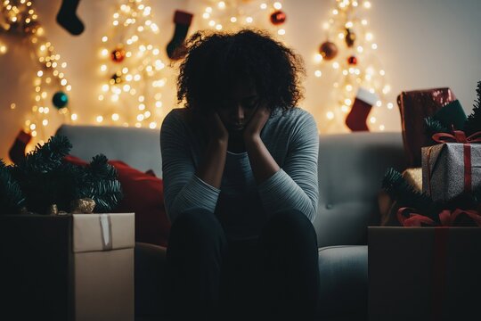 A person sitting on a couch, surrounded by holiday decorations and gift boxes, looking down with a reflective, somber expression, in a cozy room illuminated by Christmas lights