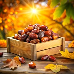 wooden box with dried dates on wooden table in autumn background, wellness organic natural food, vegetarian product for healthy lifestyle