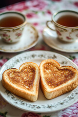 Minimalist Valentine's breakfast setup withheart-shaped toast onwhite plate, besidecup of tea, printspace ,Low saturation, soft pastel tones, serene and calm mood