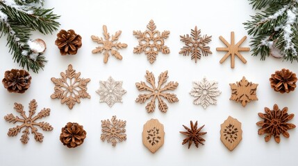 christmas decoration ornaments on white background, xmas wallpaper with wooden ornaments