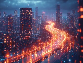 Fototapeta premium Futuristic Quantum Internet City Skyline with Glowing Fiber Optic Connectivity