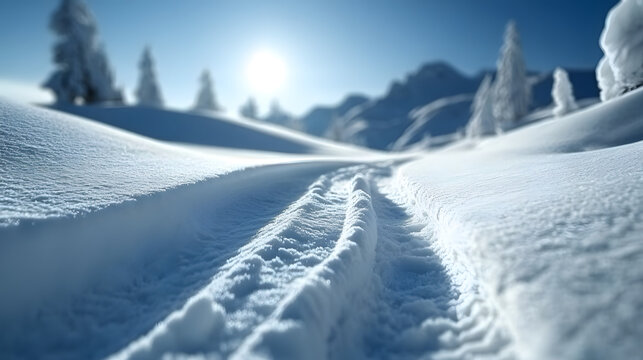 Unber&uuml;hrte Schneelandschaft mit klaren Spuren unter strahlendem Sonnenschein

