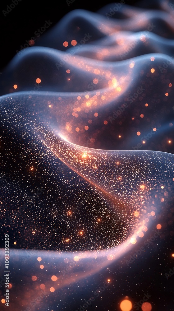 Poster glowing quantum data streams moving through entangled particles in futuristic cosmic backdrop