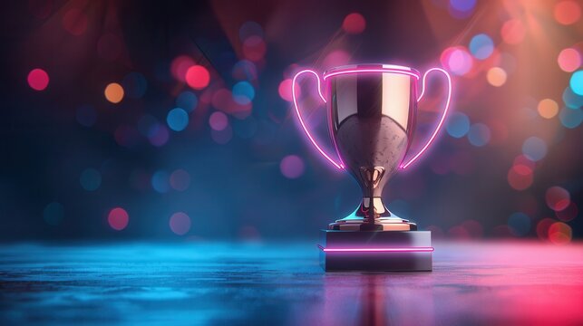 A glowing metallic trophy with neon pink highlights, set against a colorful bokeh background, placed on a glossy reflective surface.