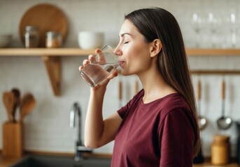 Woman drinking water in modern kitchen with wood accents