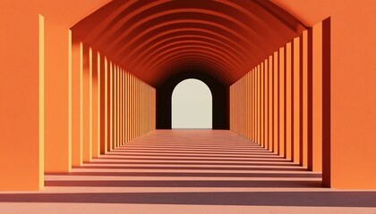Fototapeta premium A vibrant, symmetrical corridor with arches and columns, creating a striking visual effect of depth and light through its orange tones.