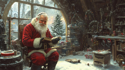 Santa Claus in his cozy winter office. He is sitting on a wooden chair near the window, holding a book in his hands and reading with a kind smile on his face.  