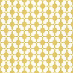 Golden vector geometric seamless pattern. Abstract vintage ornament texture with curved shapes, lattice, grid, repeat tiles. Simple elegant gold background. Design for print, textile, decor, wallpaper
