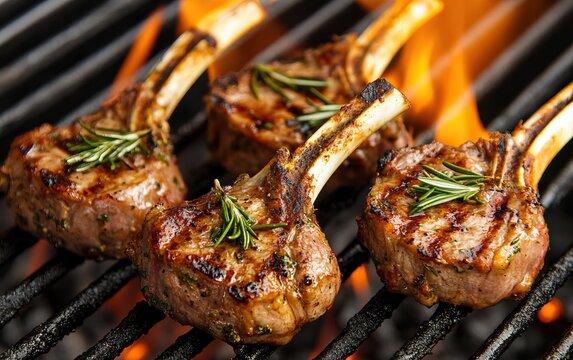 Grilled lamb chops garnished with rosemary, sizzling over an open flame, showcasing a delicious, savory meal.