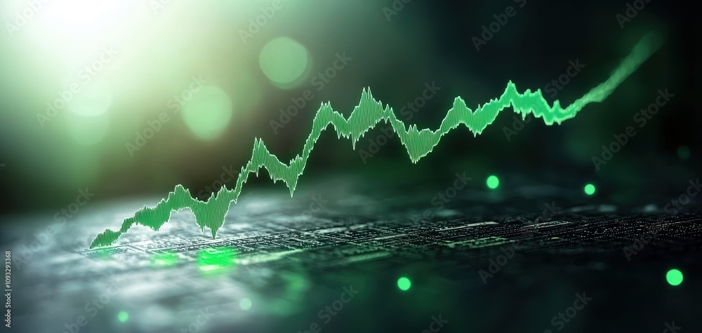 Leinwandbilder ESG investment metrics concept. A digital graph displaying an upward trend with green lines on a blurred background, symbolizing growth and financial success.