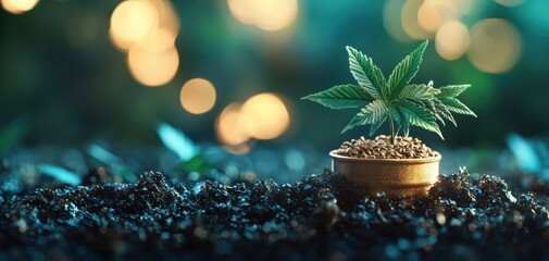 ESG investment metrics concept. A vibrant green plant in a small pot sits on rich soil, illuminated by soft, blurred lights in the background, creating a serene, natural atmosphere.