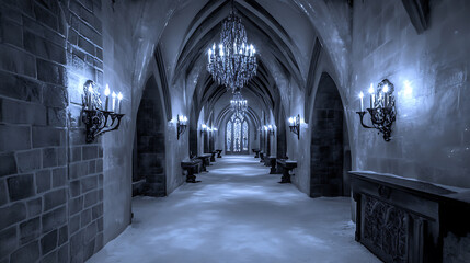 Obraz premium Enchanted ice castle interior with shimmering walls, icicle chandeliers, and glowing blue light emanating from the floor, printspace ,High contrast black and white, deep shadows, crisp details