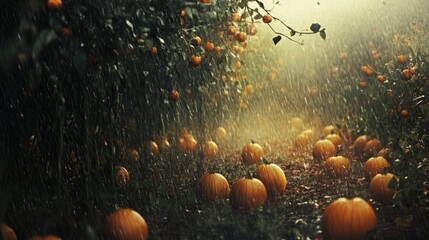 autumn field with pumpkins in rainy day