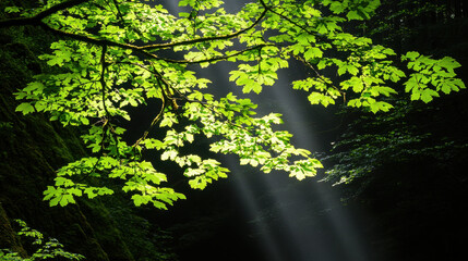Fototapeta premium Sunlight filters through vibrant green leaves in serene forest
