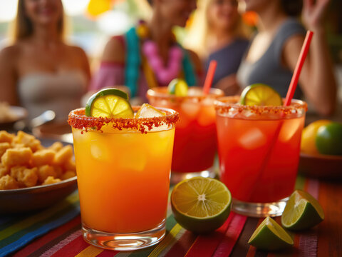 Michelada cocktails with lime wedges and chili salt rim enjoyed at a festive gathering