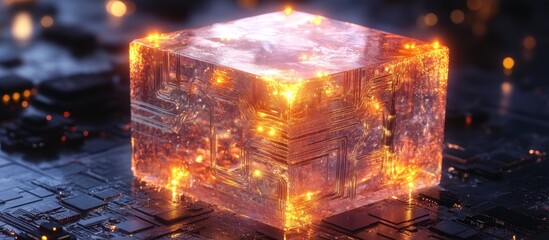 Glowing cube with internal circuitry on a circuit board.