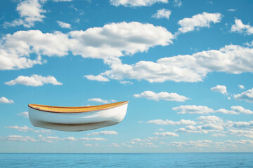 White rowboat floating amidst fluffy white clouds against a vibrant blue sky, creating a surreal scene of serene exploration and freedom in imaginative wonderland.