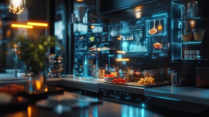 Futuristic smart kitchen with holographic interface displaying recipes and inventory.
