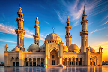 Fototapeta premium A majestic mosque with intricate details and towering minarets against a backdrop of a vibrant sunset.