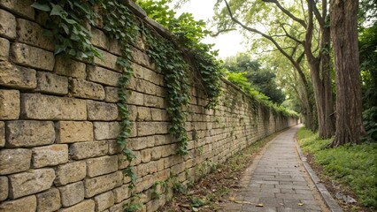 A dense row of old stone bricks forming a sturdy wall, with vines crawling up the cracks, weathered stones, earthy tones, stone wall