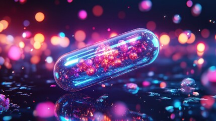 Glowing capsule with vibrant particles inside, reflecting on dark surface.