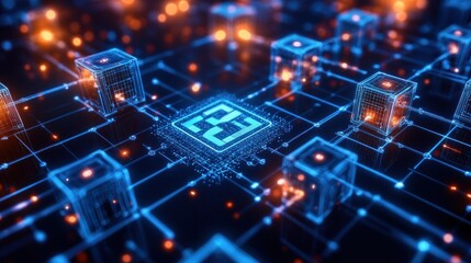 Abstract digital network with glowing cubes and central processor.