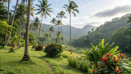 A lush green forest scene on a tropical island with tall palm trees and exotic flowers, forest, exotic, jungle, scenery, palm trees
