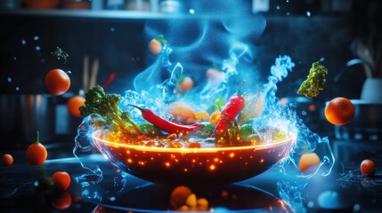 Magical steaming bowl of vibrant vegetables and chili peppers, kitchen setting.