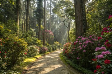 A narrow, winding path leads through a dense jungle filled with towering trees and vibrant flowers, sunlight filtering through the canopy above, sunlight, canopy, pathway, dense, trees