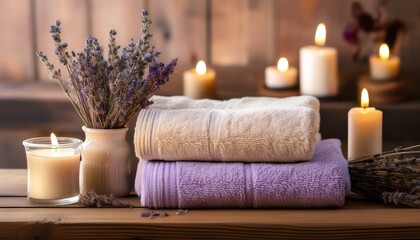 Two towels, rest on a rustic wooden surface alongside lit candles and delicate dried flowers spa concept