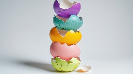 Obraz premium Colorful Stacked Eggshells in Pastel Hues with Cracked Edges, Showcasing a Playful and Creative Arrangement for Spring Time Celebrations and Festivities