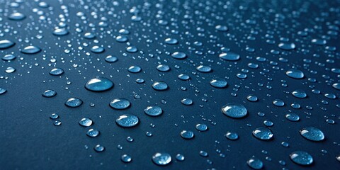 A set of small blue water drops scattered on a dark blue background creating a sense of randomness and unpredictability, artistic expression, natural elements