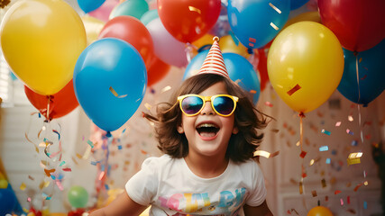Smiling Child with Birthday Party Hat and Confetti Balloons Fun Happy Celebration Childhood Glamour Entertainment