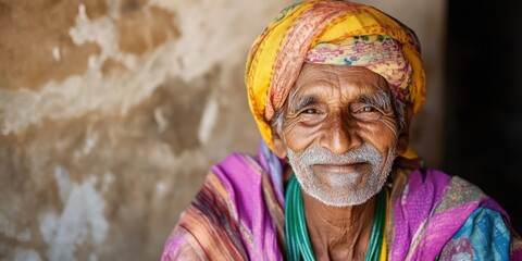 Obraz premium An Elderly Man Dressed in Traditional and Colorful Attire, Standing Proudly in Natures Embrace