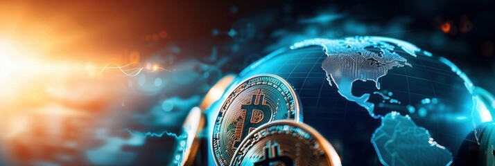 Bitcoin coins and digital globe representing global cryptocurrency market and blockchain technology