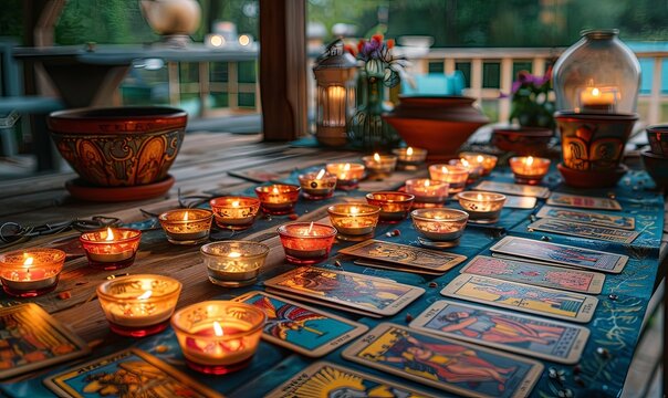 A vibrant tarot card spread adorns a wooden table, gently illuminated by the soft glow of surrounding candles