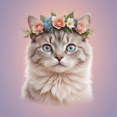 Adorable Ragdoll Kitten Adorned with a Delicate Floral Crown: A Pastel Dream of Feline Beauty and Springtime Charm
