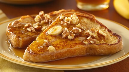 Golden Brown French Toast Topped with Sliced Bananas and Chopped Nuts, Drizzled with Sugary Syrup on a Wooden Table Setting