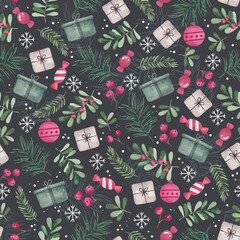 Seamless pattern with watercolor hand draw christmas toys, branch, cones, berry and leaves, isolated on dark background. 