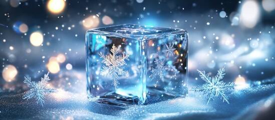 Frozen snowflake ice cube in winter snow.
