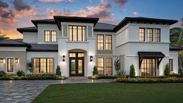 Luxury waterfront home at dusk showcases modern architecture and meticulous landscaping