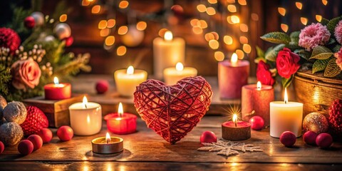 Romantic Low Light Photography for AI Valentine's Day Celebrations with Heart-Shaped Decorations and Soft Candlelight Glow
