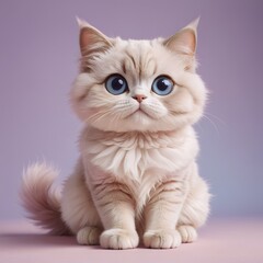 Fototapeta premium Adorable Fluffy Kitten with Striking Blue Eyes: A Close-Up Portrait of a Cream-Colored British Longhair Cat on a Soft Lilac Background