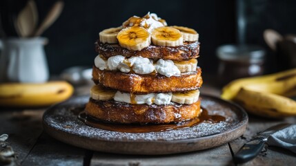 Delicious Stack of French Toast with Bananas and Cream on a Rustic Wooden Table Surrounded by Natural Ingredients and Warm Kitchen Ambiance