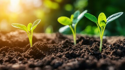 Fresh Green Seedlings Emerging from Dark Soil in a Sunlit Garden, Symbolizing New Beginnings, Growth, and Nurturing Nature's Beauty in a Vibrant Environment