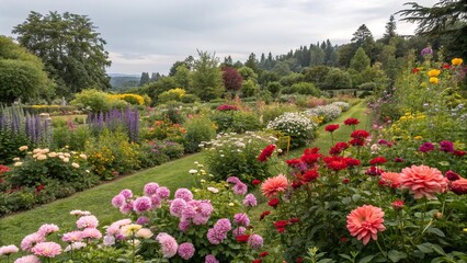 Colorful garden with mixed flower blooms, gerbera daisies bright, lilies trumpet-shaped, zinnias orange