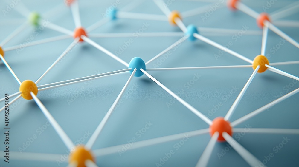 Poster a close-up view of a colorful network of interconnected nodes and lines, symbolizing connection and 
