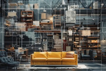 A yellow sofa sits in the foreground of a room with a superimposed blueprint that highlights the furniture and layout.