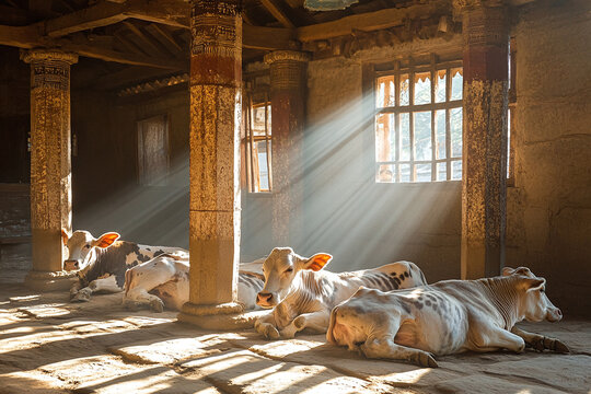 Sacred cows resting in traditional gaushala shelter, warm sunlight filtering through windows.