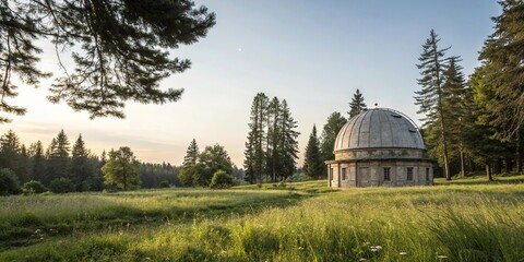 Fototapeta premium Domed structure amidst a stunning natural setting with an abundance of grass and trees, scenic views, blue sky above, domed roof, natural scenery, natural wonders